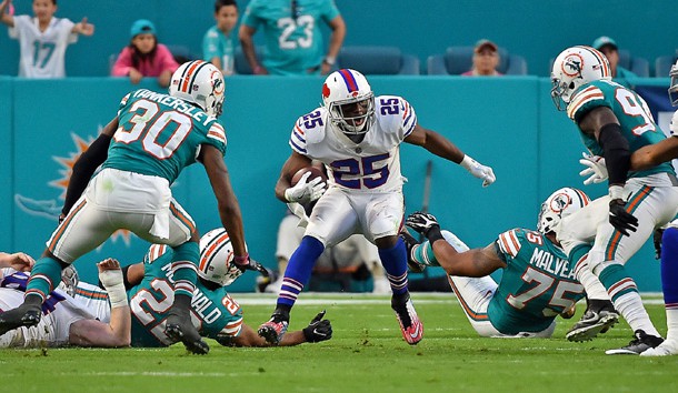 Dec 31, 2017; Miami Gardens, FL, USA; Buffalo Bills running back LeSean McCoy (25) runs the ball against the Miami Dolphins during the first half at Hard Rock Stadium. Photo Credit: Jasen Vinlove-USA TODAY Sports