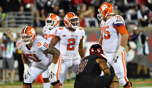 Sep 16, 2017; Louisville, KY, USA; Clemson Tigers quarterback Kelly Bryant (2) changes the play with Clemson Tigers offensive tackle Mitch Hyatt (75) during the first half against the Louisville Cardinals at Papa John's Cardinal Stadium. Clemson defeated Louisville 47-21. Photo Credit: Jamie Rhodes-USA TODAY Sports