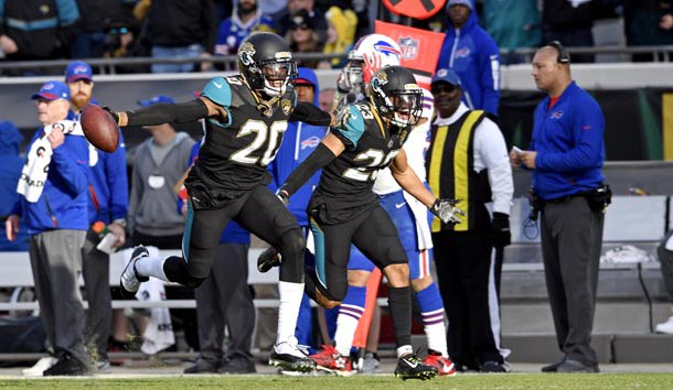 Jan 7, 2018; Jacksonville, FL, USA; Jacksonville Jaguars cornerback Jalen Ramsey (20) celebrates intercepting a pass during the fourth quarter against the Buffalo Bills in the AFC Wild Card playoff football game at EverBank Field. Photo Credit: Tommy Gilligan-USA TODAY Sports