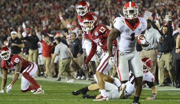 January 1, 2018; Pasadena, CA, USA; Georgia Bulldogs running back Sony Michel (1) runs the ball for the winning touchdown during the overtime period in the 2018 Rose Bowl college football playoff semifinal game at Rose Bowl Stadium. Photo Credit: Gary A. Vasquez-USA TODAY Sports