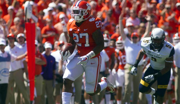 Sep 2, 2017; Clemson, SC, USA; Clemson Tigers running back C.J. Fuller (27) carries the ball for a touchdown during the first quarter against the Kent State Golden Flashes at Clemson Memorial Stadium. Photo Credit: Joshua S. Kelly-USA TODAY Sports