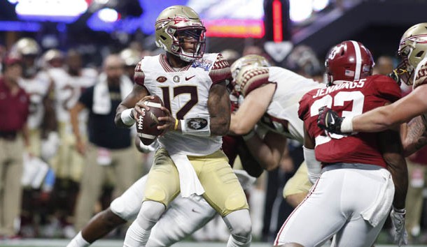 Sep 2, 2017; Atlanta, GA, USA; Florida State Seminoles quarterback Deondre Francois (12) looks to throw against the Alabama Crimson Tide in the first quarter at Mercedes-Benz Stadium. Photo Credit: Brett Davis-USA TODAY Sports