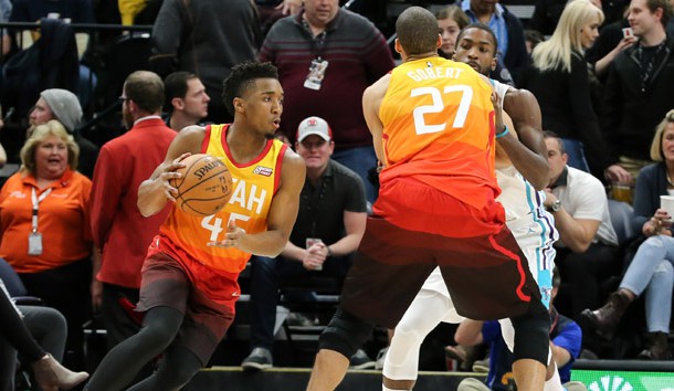 Feb 9, 2018; Salt Lake City, UT, USA; Utah Jazz guard Donovan Mitchell (45) uses to Utah Jazz center Rudy Gobert (27) to block Charlotte Hornets forward Michael Kidd-Gilchrist (14) from guarding him during the first quarter at Vivint Smart Home Arena. Photo Credit: Chris Nicoll-USA TODAY Sports