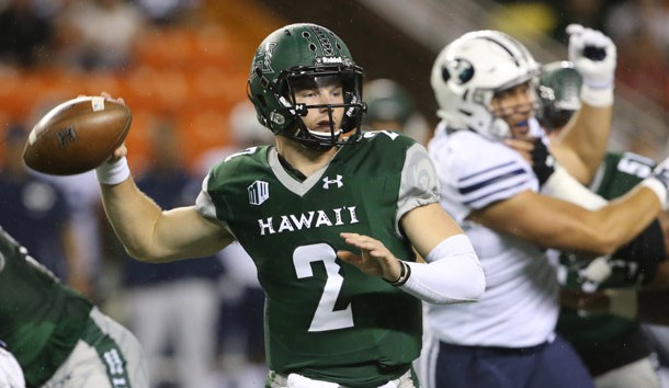 Nov 25, 2017; Honolulu, HI, USA; Hawaii Warriors quarterback Dru Brown (2) throws a pass against the Brigham Young Cougars during the third quarter at Aloha Stadium. Photo Credit: Marco Garcia-USA TODAY Sports