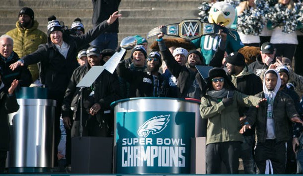 Feb 8, 2018; Philadelphia , PA, USA; The Eagles team sing "Fly Eagles Fly". Thousands gather around the Rocky steps of the Philadelphia Museum of Art as the Super Bowl LII Champions Philadelphia Eagles parade down Broad Street ending at the art museum in Philadelphia. Photo Credit: Suchat Pederson/The News Journal via USA TODAY NETWORK