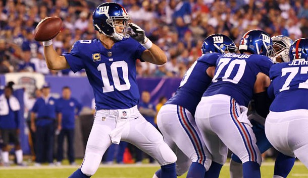 Sep 18, 2017; East Rutherford, NJ, USA; New York Giants quarterback Eli Manning (10) throws a pass in the second half against the Detroit Lions during a NFL football game at MetLife Stadium. Photo Credit: Robert Deutsch-USA TODAY Sports
