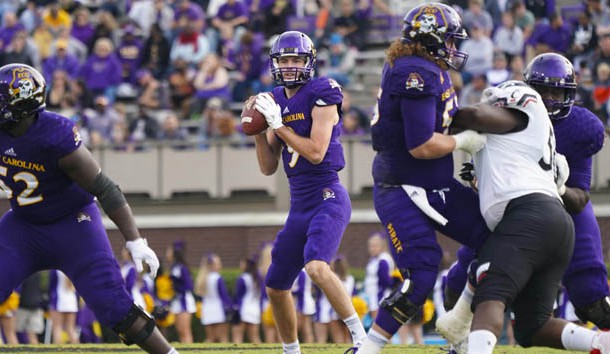 Nov 18, 2017; Greenville, NC, USA; East Carolina Pirates quarterback Gardner Minshew (5) looks down field during the forth quarter against the Cincinnati Bearcats at Dowdy-Ficklen Stadium. The East Carolina Pirates defeated the Cincinnati Bearcats 42-20. Photo Credit: James Guillory-USA TODAY Sports