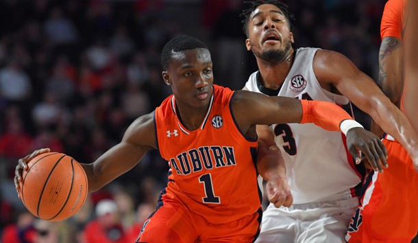 Feb 10, 2018; Athens, GA, USA; Auburn Tigers guard Jared Harper (1) dribbles past Georgia Bulldogs guard Juwan Parker (3) during the first half at Stegeman Coliseum. Photo Credit: Dale Zanine-USA TODAY Sports