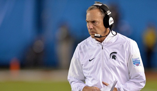 Dec 28, 2017; San Diego, CA, USA; Michigan State Spartans head coach Mark Dantonio looks on during the first quarter against the Washington State Cougars in the 2017 Holiday Bowl at SDCCU Stadium. Photo Credit: Jake Roth-USA TODAY Sports