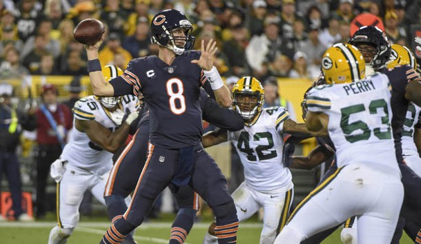 Sep 28 2017 Green Bay WI USA Chicago Bears quarterback Mike Glennon attempts a pass in the second quarter during the game against the Green Bay Packers at Lambeau Field