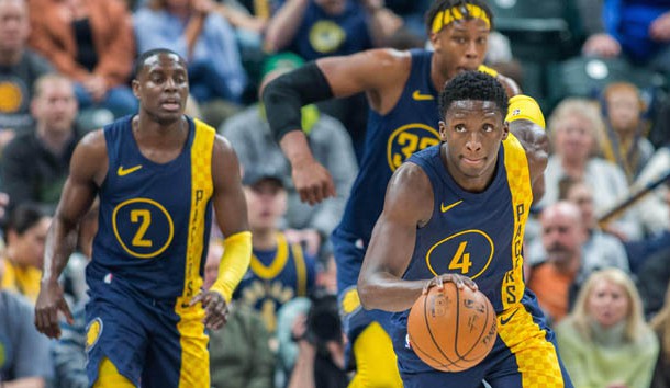 Feb 3, 2018; Indianapolis, IN, USA; Indiana Pacers guard Victor Oladipo (4) leads a fast break in the second half against the Philadelphia 76ers at Bankers Life Fieldhouse. Photo Credit: Trevor Ruszkowski-USA TODAY Sports