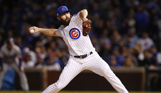Oct 18, 2017; Chicago, IL, USA; Chicago Cubs starting pitcher Jake Arrieta throws a pitch against the Los Angeles Dodgers during the first inning in game four of the 2017 NLCS playoff baseball series at Wrigley Field. Photo Credit: Jim Young-USA TODAY Sports