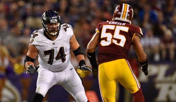 Aug 10, 2017; Baltimore, MD, USA; Baltimore Ravens tackle James Hurst (74) during the second quarter against the Washington Redskins at M&T Bank Stadium. Photo Credit: Derik Hamilton-USA TODAY Sports