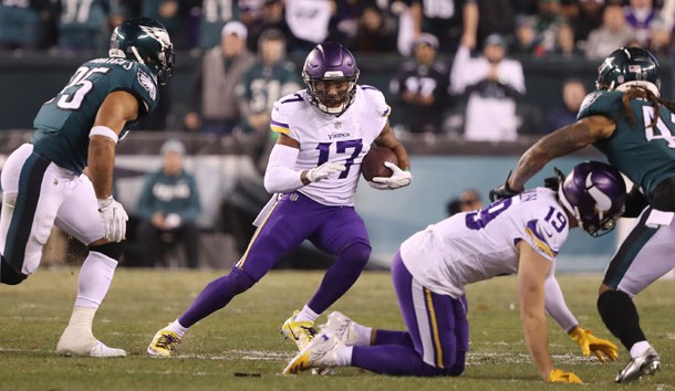 Jan 21, 2018; Philadelphia, PA, USA; Minnesota Vikings wide receiver Jarius Wright (17) carries the ball in the second quarter during the NFC Championship game against the Philadelphia Eagles at Lincoln Financial Field. Photo Credit: Bill Streicher-USA TODAY Sports