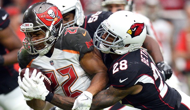 Oct 15, 2017; Glendale, AZ, USA; Arizona Cardinals cornerback Justin Bethel (28) tackles Tampa Bay Buccaneers running back Doug Martin (22) during the second half at University of Phoenix Stadium. Photo Credit: Joe Camporeale-USA TODAY Sports