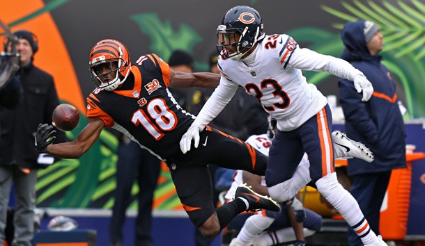 Dec 10, 2017; Cincinnati, OH, USA; Cincinnati Bengals wide receiver A.J. Green (18) is unable to makes a catch against Chicago Bears cornerback Kyle Fuller (23) in the first half at Paul Brown Stadium. Photo Credit: Aaron Doster-USA TODAY Sports
