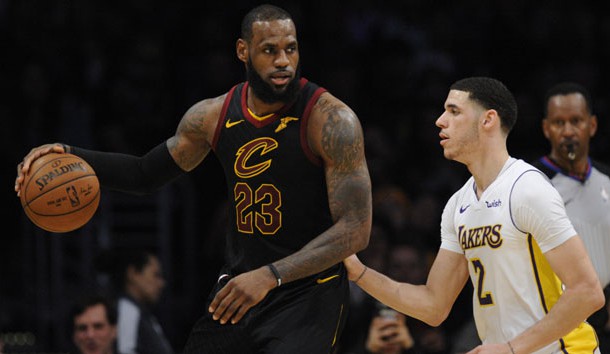 March 11, 2018; Los Angeles, CA, USA; Cleveland Cavaliers forward LeBron James (23) moves the ball against Los Angeles Lakers guard Lonzo Ball (2) during the second half at Staples Center. Photo Credit: Gary A. Vasquez-USA TODAY Sports