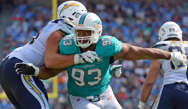Sep 17, 2017; Carson, CA, USA; Miami Dolphins defensive tackle Ndamukong Suh (93) works against Los Angeles Chargers offensive guard Kenny Wiggins (79) during the fourth quarter at StubHub Center. Photo Credit: Jake Roth-USA TODAY Sports