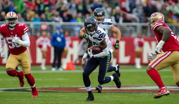 Nov 26, 2017; Santa Clara, CA, USA; Seattle Seahawks wide receiver Paul Richardson (10) runs past San Francisco 49ers outside linebacker Reuben Foster (56) during the first quarter at Levi's Stadium. Photo Credit: Sergio Estrada-USA TODAY Sports