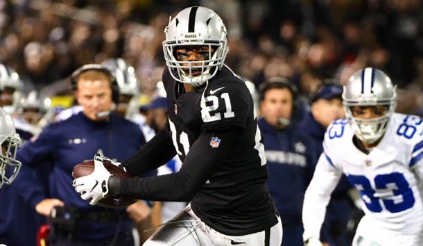 Dec 17 2017 Oakland CA USA Oakland Raiders cornerback Sean Smith runs an interception against the Dallas Cowboys during the third quarter at Oakland Coliseum
