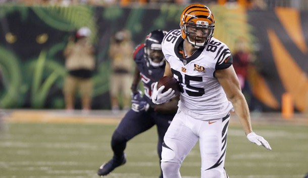 Sep 14, 2017; Cincinnati, OH, USA; Cincinnati Bengals tight end Tyler Eifert (85) runs against the Houston Texans during the second half at Paul Brown Stadium. Photo Credit: David Kohl-USA TODAY Sports