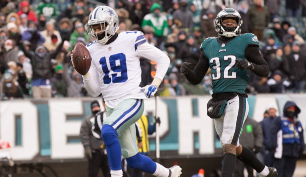 Dec 31, 2017; Philadelphia, PA, USA; Dallas Cowboys wide receiver Brice Butler (19) scores on a touchdown reception past Philadelphia Eagles cornerback Rasul Douglas (32) during the second half at Lincoln Financial Field. Photo Credit: Bill Streicher-USA TODAY Sports