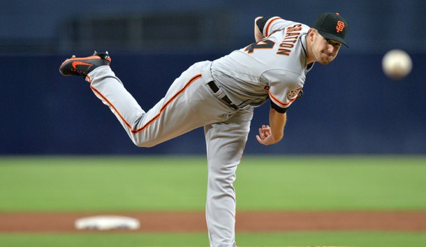 Apr 12 2018 San Diego CA USA San Francisco Giants starting pitcher Chris Stratton pitches during the first inning against the San Diego Padres at Petco Park