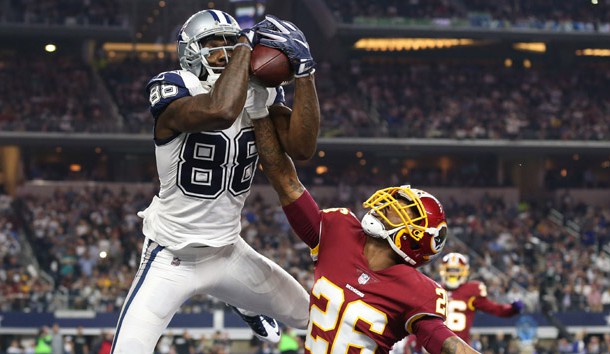 Nov 30, 2017; Arlington, TX, USA; Dallas Cowboys wide receiver Dez Bryant (88) makes a fourth quarter touchdown reception against Washington Redskins cornerback Bashaud Breeland (26) at AT&T Stadium. Photo Credit: Matthew Emmons-USA TODAY Sports