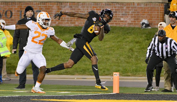Nov 11, 2017; Columbia, MO, USA; Missouri Tigers wide receiver J'Mon Moore (6) scores a touchdown as Tennessee Volunteers defensive back Micah Abernathy (22) attempts the tackle during the second half at Faurot Field. Photo Credit: Denny Medley-USA TODAY Sports