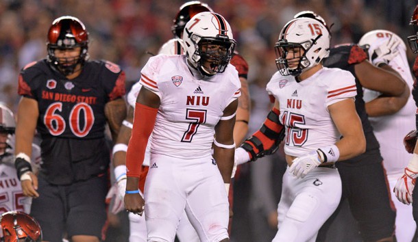 Sep 30, 2017; San Diego, CA, USA; Northern Illinois Huskies linebacker Jawuan Johnson (7) reacts during the first quarter against the San Diego State Aztecs at SDCCU Stadium. Photo Credit: Jake Roth-USA TODAY Sports