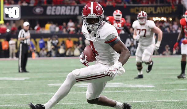 Jan 8, 2018; Atlanta, GA, USA; Alabama Crimson Tide receiver Jerry Jeudy (4) runs with the ball against the Georgia Bulldogs during the fourth quarter in the 2018 CFP national championship college football game at Mercedes-Benz Stadium. Photo Credit: Matthew Emmons-USA TODAY Sports