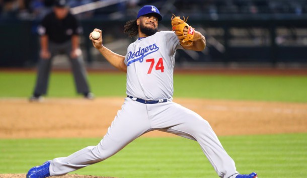 Apr 2, 2018; Phoenix, AZ, USA; Los Angeles Dodgers pitcher Kenley Jansen against the Arizona Diamondbacks in the ninth inning at Chase Field. Photo Credit: Mark J. Rebilas-USA TODAY Sports