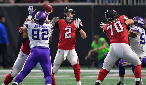 Dec 3, 2017; Atlanta, GA, USA; Atlanta Falcons quarterback Matt Ryan (2) passes against the Minnesota Vikings during the first quarter at Mercedes-Benz Stadium. Photo Credit: Dale Zanine-USA TODAY Sports