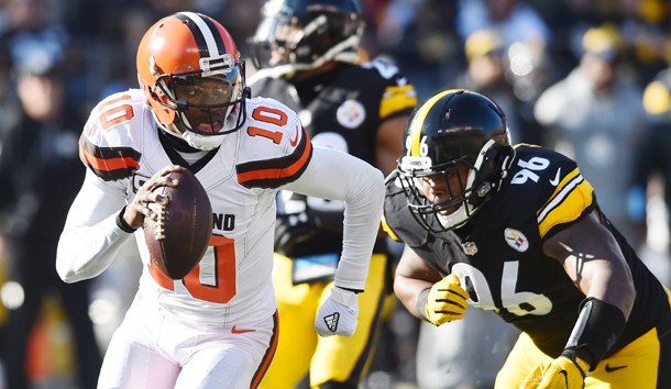 Jan 1, 2017; Pittsburgh, PA, USA; Cleveland Browns quarterback Robert Griffin III (10) scrambles away from Pittsburgh Steelers defensive tackle L.T. Walton (96) during the first quarter at Heinz Field. Photo Credit: Ken Blaze-USA TODAY Sports