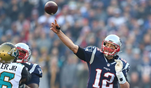 Jan 21, 2018; Foxborough, MA, USA; New England Patriots quarterback Tom Brady (12) throws a pass against the Jacksonville Jaguars during the first quarter in the AFC Championship Game at Gillette Stadium. Photo Credit: Mark J. Rebilas-USA TODAY Sports
