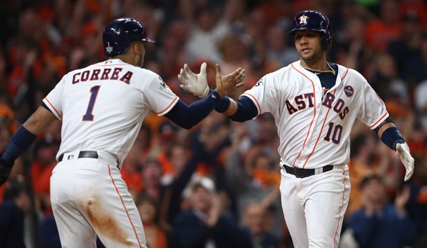 Oct 29, 2017; Houston, TX, USA; Houston Astros first baseman Yuli Gurriel (10) celebrates with shortstop Carlos Correa (1) after hitting a three-run home run against the Los Angeles Dodgers in game five of the 2017 World Series at Minute Maid Park. Photo Credit: Troy Taormina-USA TODAY Sports