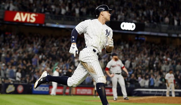 May 9, 2018; Bronx, NY, USA; New York Yankees right fielder Aaron Judge (99) watches a two-run home run off of Boston Red Sox relief pitcher Craig Kimbrel (46) during the eighth inning at Yankee Stadium. Photo Credit: Adam Hunger-USA TODAY Sports