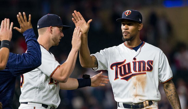 May 15, 2018; Minneapolis, MN, USA; Minnesota Twins outfielder Byron Buxton (25) celebrates after the game against St Louis Cardinals at Target Field. Photo Credit: Brad Rempel-USA TODAY Sports