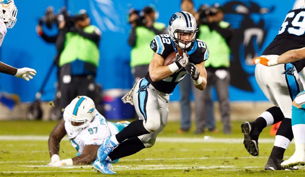 Nov 13, 2017; Charlotte, NC, USA; Carolina Panthers running back Christian McCaffrey (22) runs the ball during the second quarter against the Miami Dolphins at Bank of America Stadium. Photo Credit: Jeremy Brevard-USA TODAY Sports