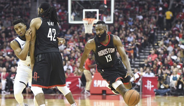 May 8, 2018; Houston, TX, USA; Houston Rockets guard James Harden (13) dribbles as center Nene Hilario (42) sets a pick against Utah Jazz guard Raul Neto (25) in the second half in game five of the second round of the 2018 NBA Playoffs at Toyota Center. Photo Credit: Thomas B. Shea-USA TODAY Sports