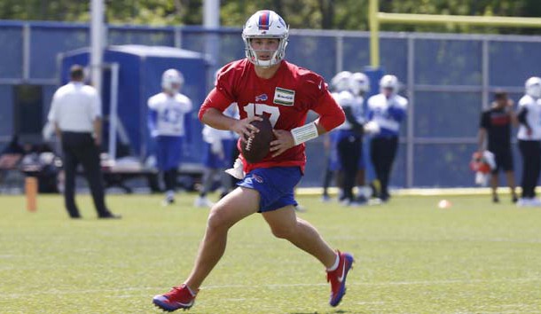May 24, 2018; Orchard Park, NY, USA; Buffalo Bills quarterback Josh Allen (17) looks to throw a pass during OTA's at the ADPRO Sports Fieldhouse. Photo Credit: Timothy T. Ludwig-USA TODAY Sports