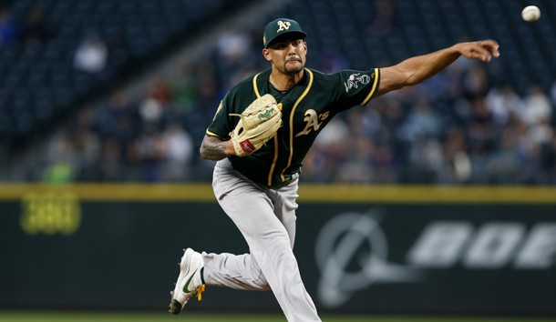 May 3, 2018; Seattle, WA, USA; Oakland Athletics starting pitcher Sean Manaea (55) throws against the Seattle Mariners during the fourth inning at Safeco Field. Photo Credit: Joe Nicholson-USA TODAY Sports
