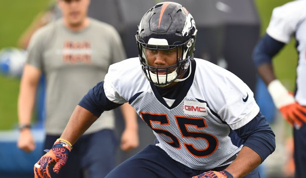 May 12, 2018; Englewood, Denver, USA; Denver Broncos outside linebacker Bradley Chubb (55) participates in drills during rookie minicamp at the UCHealth Training Center. Photo Credit: Ron Chenoy-USA TODAY Sports