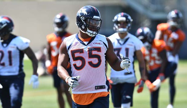 Jun 12, 2018; Englewood, CO, USA; Denver Broncos linebacker Bradley Chubb (55) during mini camp drills at the UCHealth Training Center. Photo Credit: Ron Chenoy-USA TODAY Sports