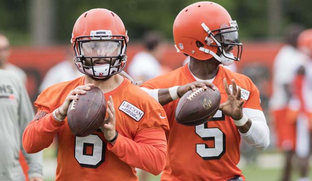 Jun 12, 2018; Berea, OH, USA; Cleveland Browns quarterback Baker Mayfield (6) and quarterback Tyrod Taylor (5) throw passes during minicamp at the Cleveland Browns training facility. Photo Credit: Ken Blaze-USA TODAY Sports