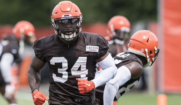 Jun 12, 2018; Berea, OH, USA; Cleveland Browns running back Carlos Hyde (34) runs a drill during minicamp at the Cleveland Browns training facility. Photo Credit: Ken Blaze-USA TODAY Sports