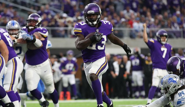 Oct 1, 2017; Minneapolis, MN, USA; Minnesota Vikings running back Dalvin Cook (33) scores against the Detroit Lions in the first half at U.S. Bank Stadium. Photo Credit: Reese Strickland-USA TODAY Sports