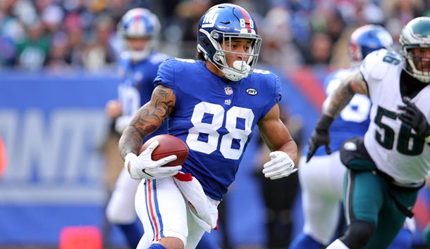 Dec 17, 2017; East Rutherford, NJ, USA; New York Giants tight end Evan Engram (88) runs the ball against the Philadelphia Eagles during the second quarter at MetLife Stadium. Photo Credit: Brad Penner-USA TODAY Sports