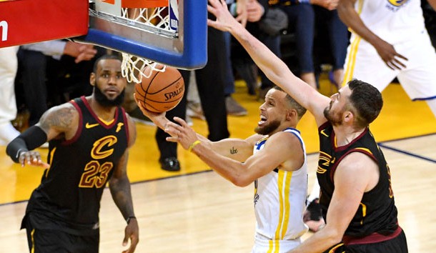 May 31, 2018; Oakland, CA, USA; Golden State Warriors guard Stephen Curry (30) shoots the ball against Cleveland Cavaliers center Kevin Love (0) during the fourth quarter in game one of the 2018 NBA Finals at Oracle Arena. Photo Credit: Kyle Terada-USA TODAY Sports
