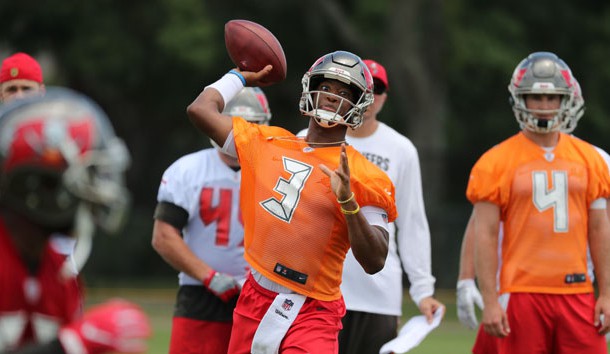 Jun 12, 2018; Tampa Bay, FL, USA; Tampa Bay Buccaneers quarterback Jameis Winston (3) works out during minicamp at One Buccaneer Place. Photo Credit: Kim Klement-USA TODAY Sports